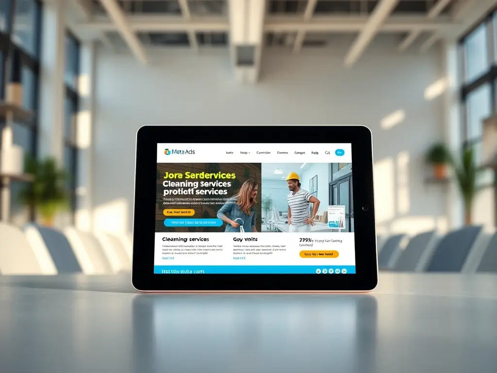 A creative Meta Ads campaign design displayed on a tablet, highlighting engaging visuals and compelling ad copy for cleaning service promotions.