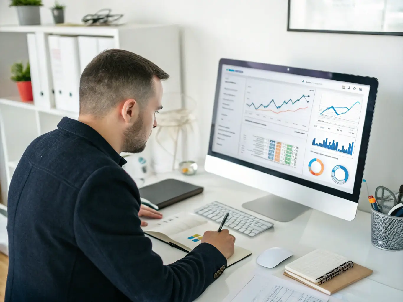 A focused professional managing a Google Ads campaign on a computer, showcasing data and analytics relevant to a cleaning business.
